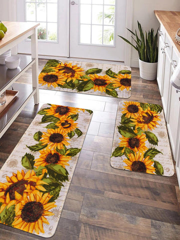 1/2 Pc Vintage Sunflower Pattern Kitchen Mat, Soft Plush Rectangular Non-Slip Floor Rug For Living Room, Kitchen, Dining Room, Bedroom