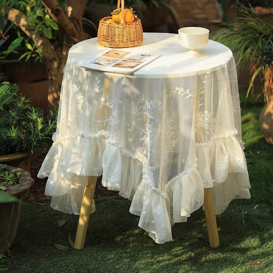 1pc French Floral Lace & Jacquard Tablecloth, Vintage American Ruffled Square/Round Tablecloth For Dessert Stands, Tea Tables, Wedding Decor, Garden Patio, Family Dining, Outdoor Picnic Curtain