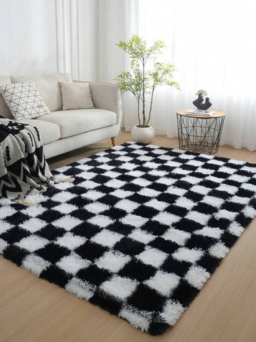 1pc Checkered Plush Carpet, Suitable For Living Room, Bedroom, Etc. Soft & Fluffy, Skin-Friendly, Machine Washable, Easy To Clean